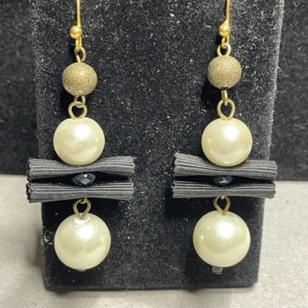Chicos Faux Pearl and Black Ribbon, Gold Encrusted Bead Dangle Earrings